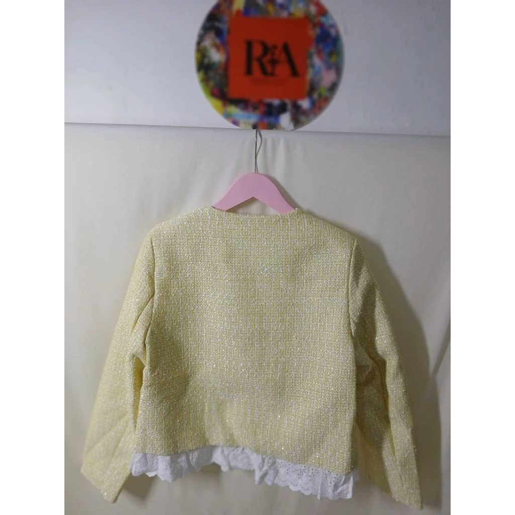 Blazer wanita tweed warna kuning - Jaket tweed renda putih - Gambar 3