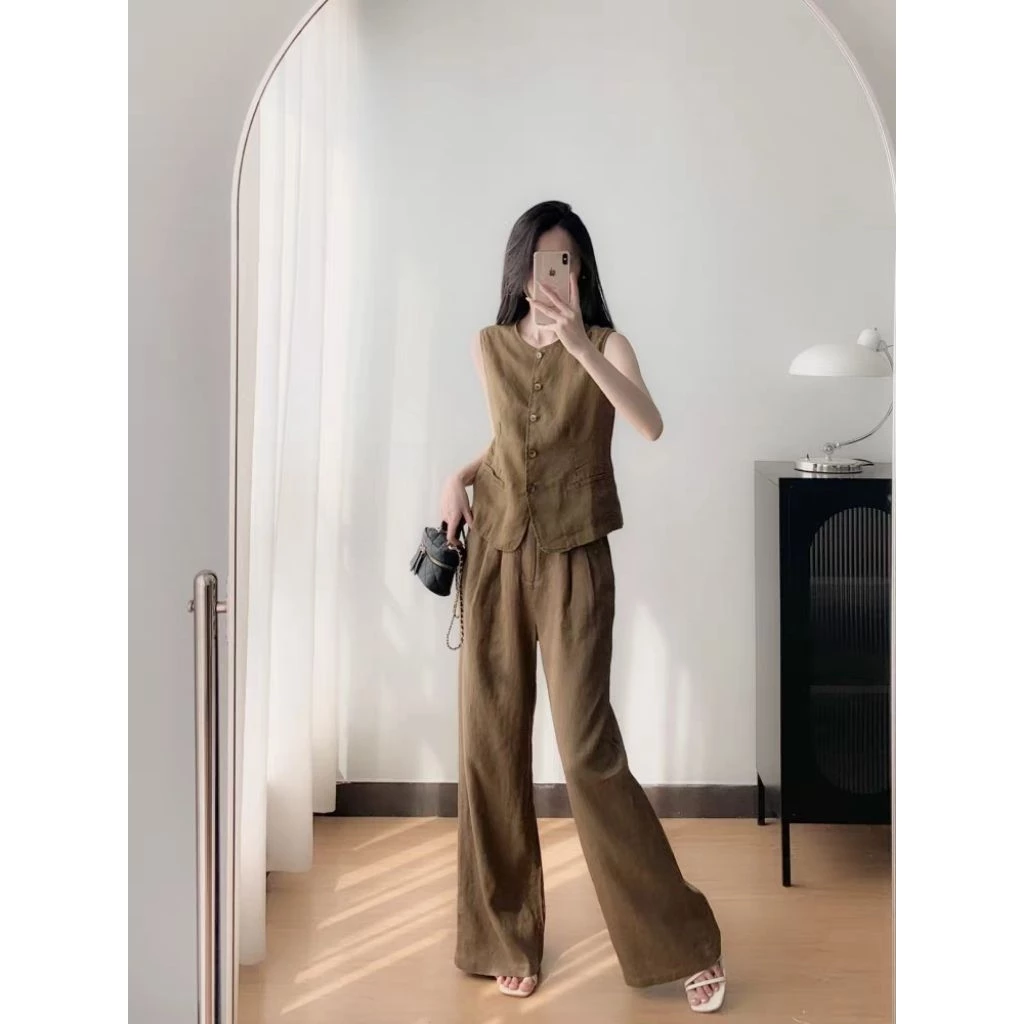 Setelan Wanita Tanpa Lengan Blazer Rompi + Celana Panjang Casual Elegan Korean Style - Gambar 3