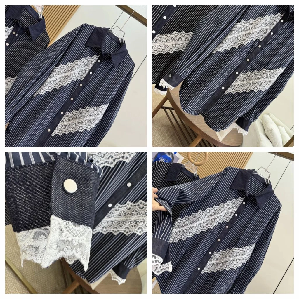 Kemeja Wanita Hitam Motif Garis Lengan Panjang Variasi Renda Cantik - Blouse Formal Korea Style - Gambar 5