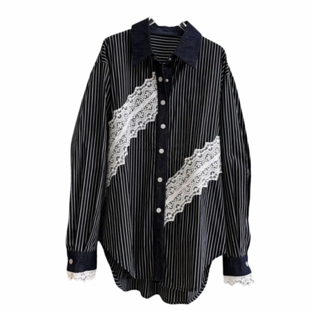 Kemeja Wanita Hitam Motif Garis Lengan Panjang Variasi Renda Cantik - Blouse Formal Korea Style - Gambar 7