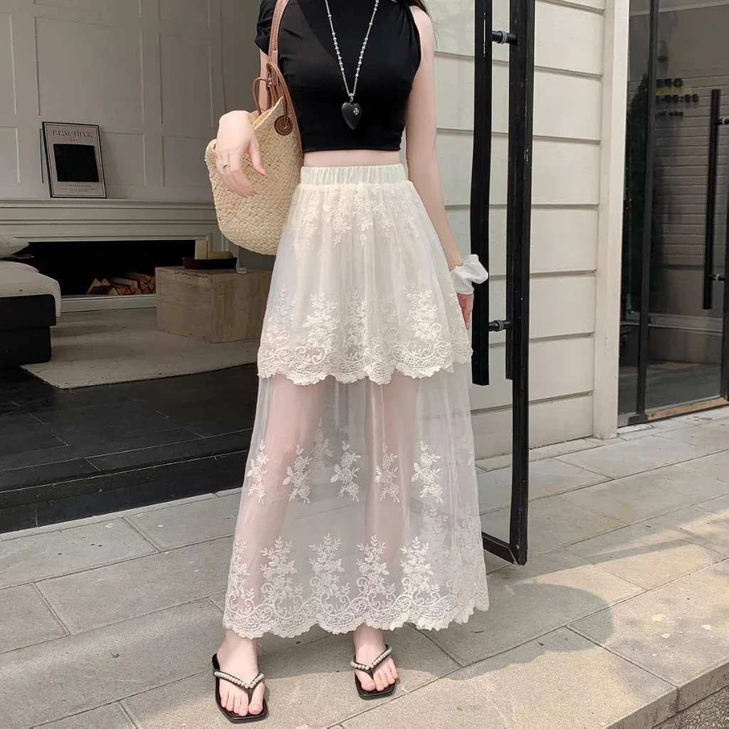 Rok Tulle Brokat Layer Panjang Wanita – Rok Transparan Elegan Korean Style