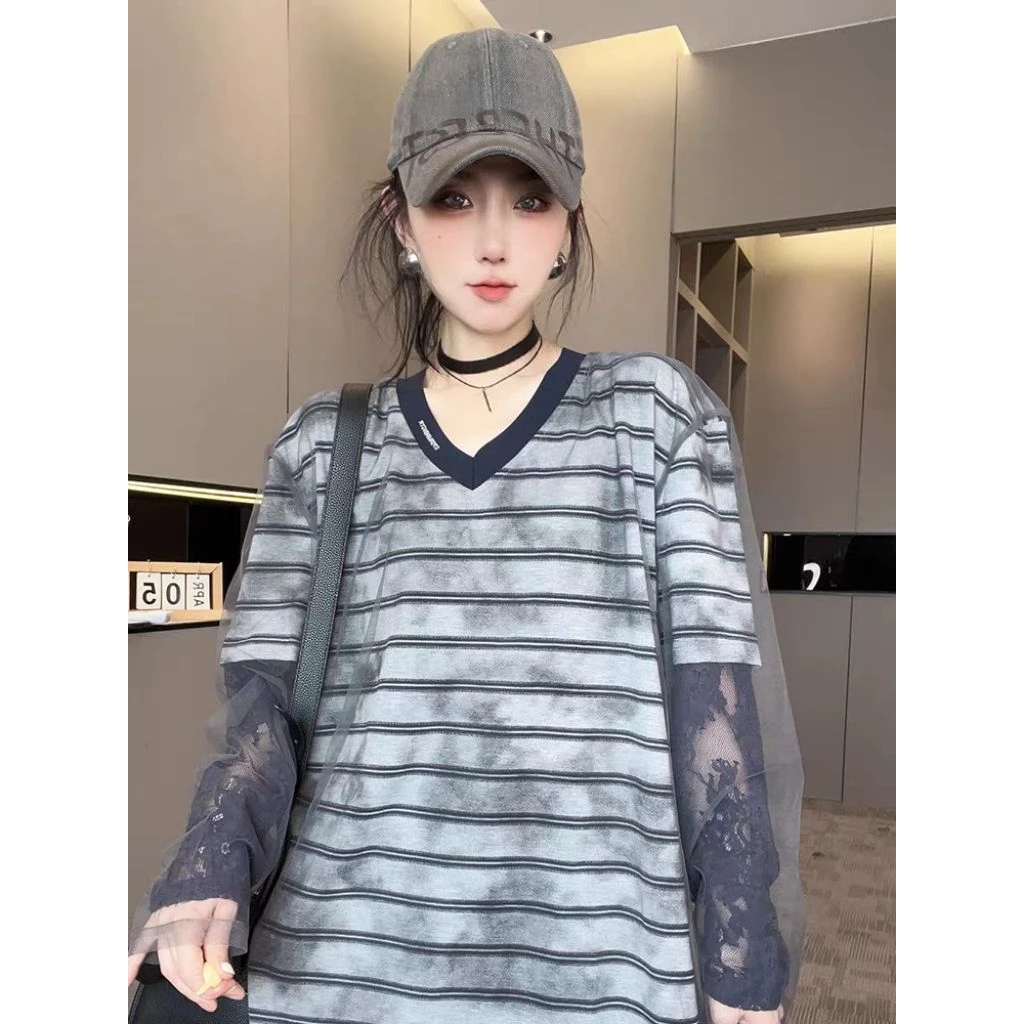Tunik Oversize Stripe Layer Lace Mesh – Korean Streetwear Look