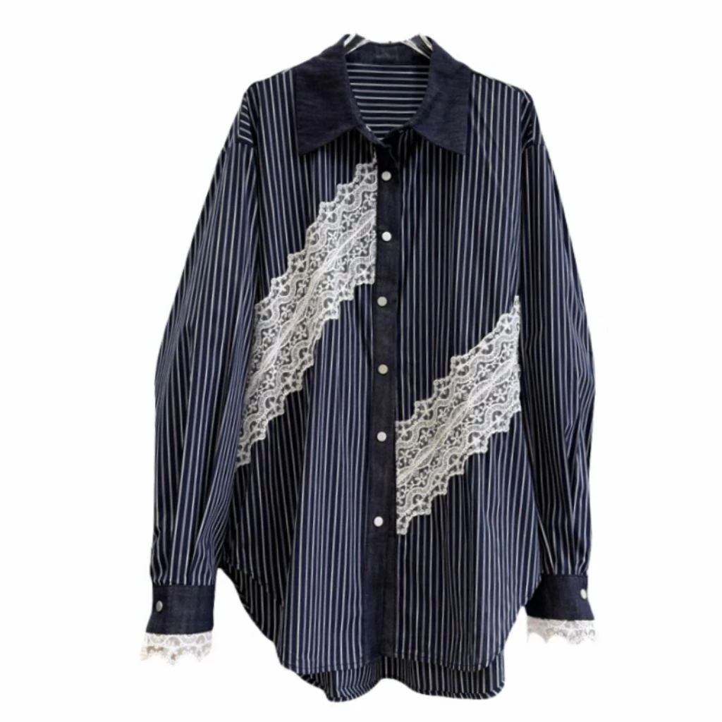 Kemeja Wanita Hitam Motif Garis Lengan Panjang Variasi Renda Cantik - Blouse Formal Korea Style - Gambar 6