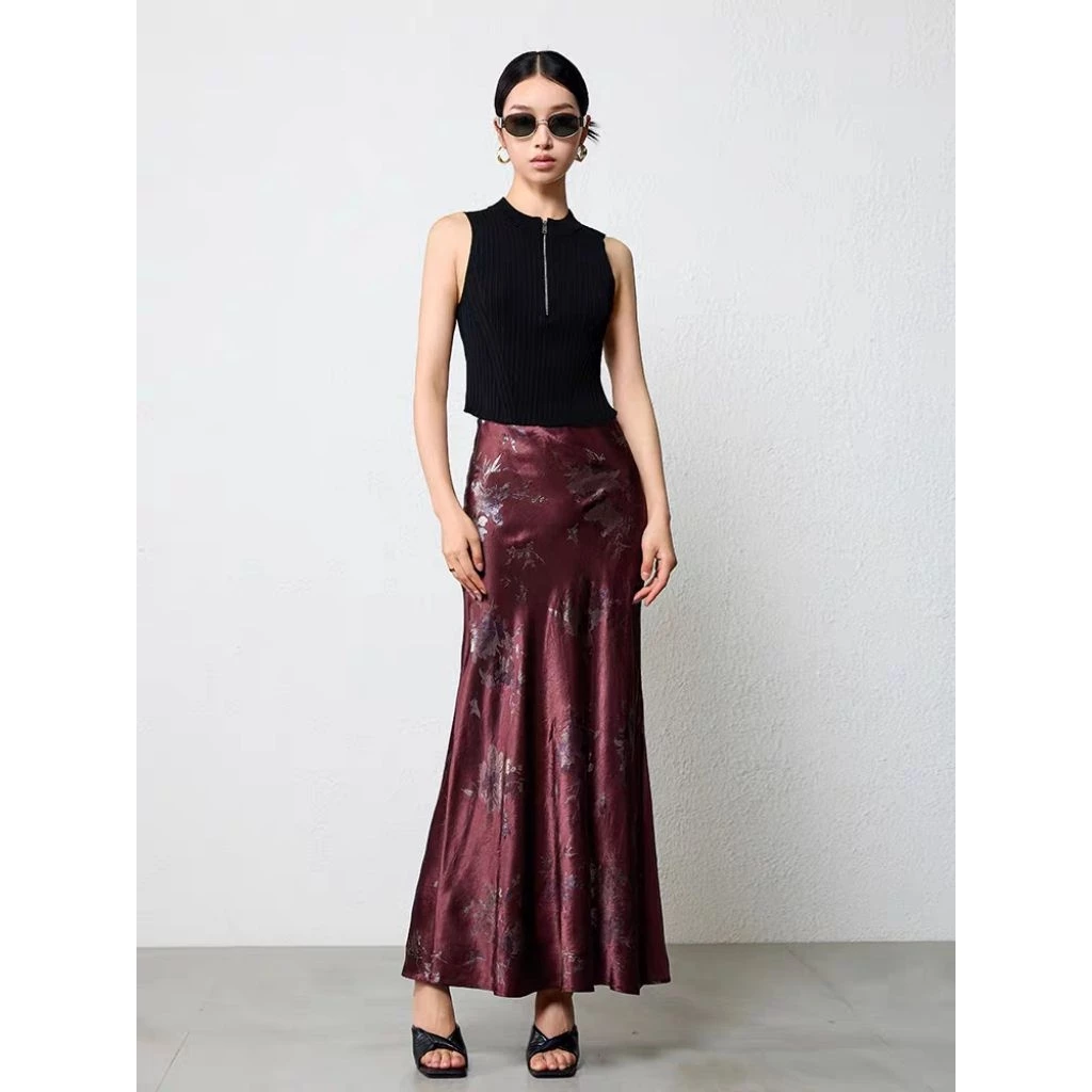Rok Panjang Satin Motif Bunga Elegan Wanita – Rok High Waist Fashion Korea Premium