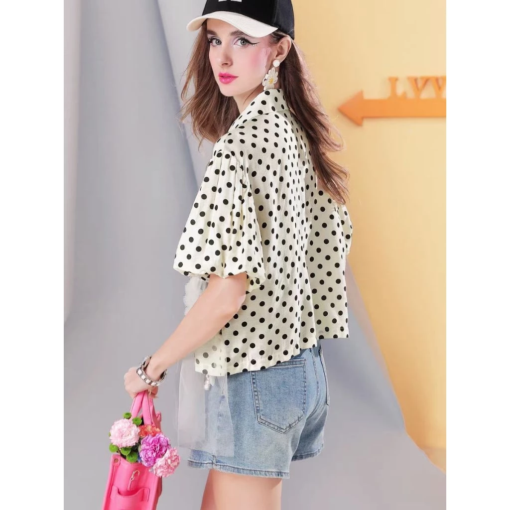 Blouse Polkadot Wanita Kombinasi Motif Garis & Tulle - Atasan Korea Kekinian Casual Cute - Gambar 3