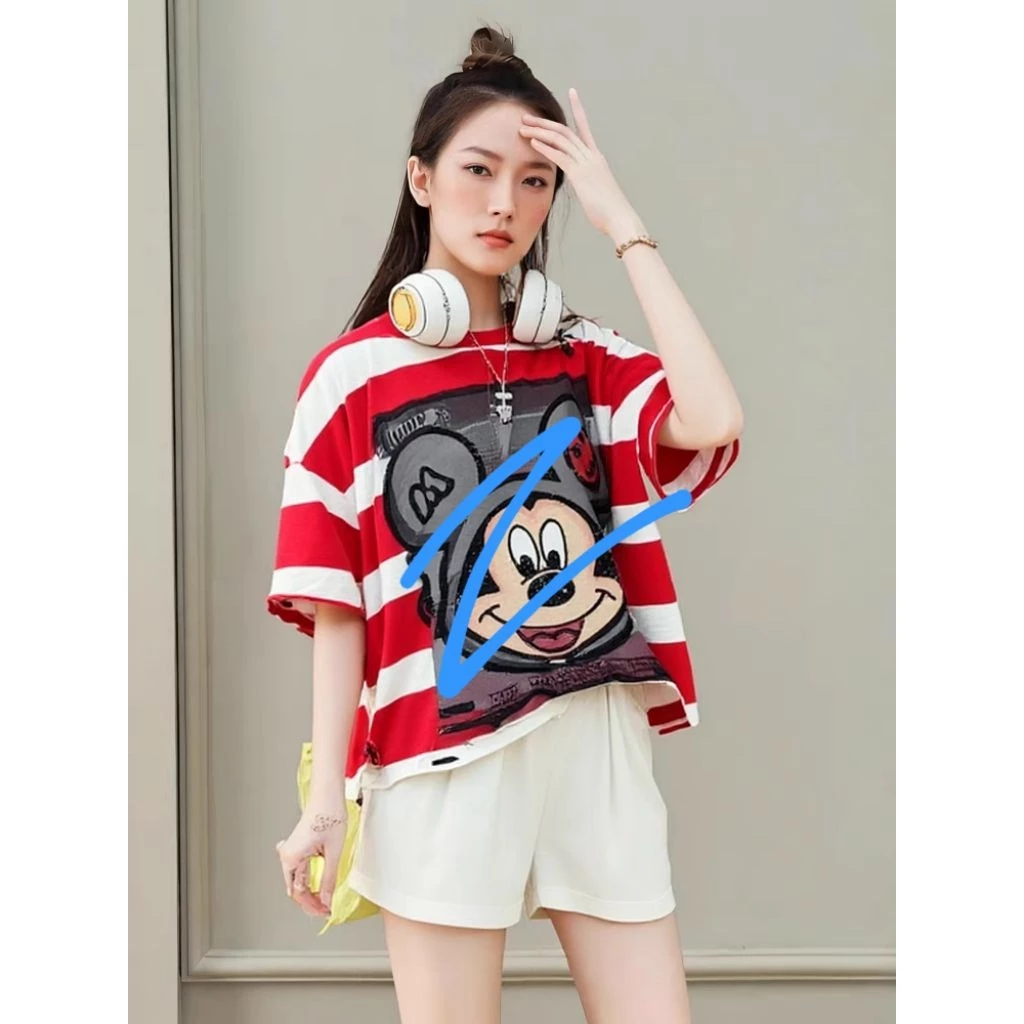 Kaos Oversize Garis Merah Putih Wanita – Tshirt Motif Kartun Lucu, Bahan Nyaman, Kualitas Premium - Gambar 2