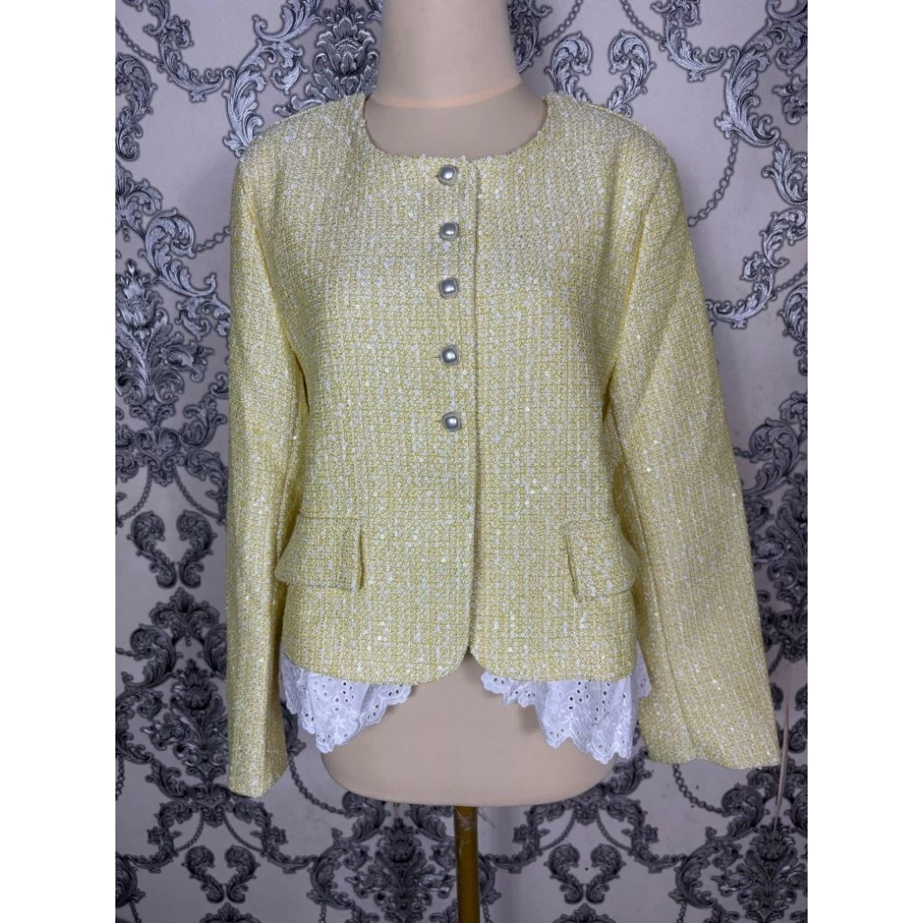 Blazer wanita tweed warna kuning - Jaket tweed renda putih